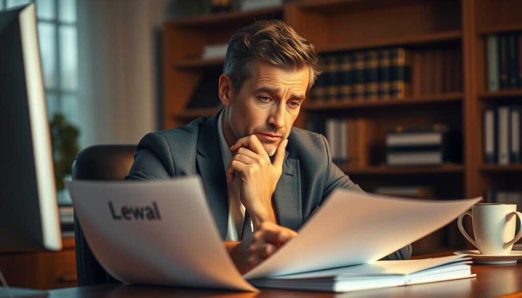 A thoughtful man sitting at a desk, carefully reviewing legal documents, with a desktop computer, bookshelves, and a cup of coffee in the background. The lighting is warm and focused, creating a contemplative atmosphere. The man's expression conveys a sense of diligence and professionalism, as he searches for the right legal counsel to assist his client. The scene evokes the process of selecting the appropriate lawyer, with attention to detail and a commitment to finding the best solution. A thoughtful man sitting at a desk, carefully reviewing legal documents, with a desktop computer, bookshelves, and a cup of coffee in the background. The lighting is warm and focused, creating a contemplative atmosphere. The man's expression conveys a sense of diligence and professionalism, as he searches for the right legal counsel to assist his client. The scene evokes the process of selecting the appropriate lawyer, with attention to detail and a commitment to finding the best solution.
