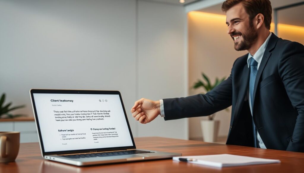A tranquil scene depicting the success stories of clients with online lawyers. In the foreground, a well-dressed person shakes hands with a smiling attorney, conveying trust and satisfaction. The middle ground features a laptop displaying positive client testimonials, while the background showcases a modern, minimalist office environment with clean lines and warm lighting. The overall atmosphere exudes professionalism, reliability, and a sense of empowerment for those seeking legal counsel online.