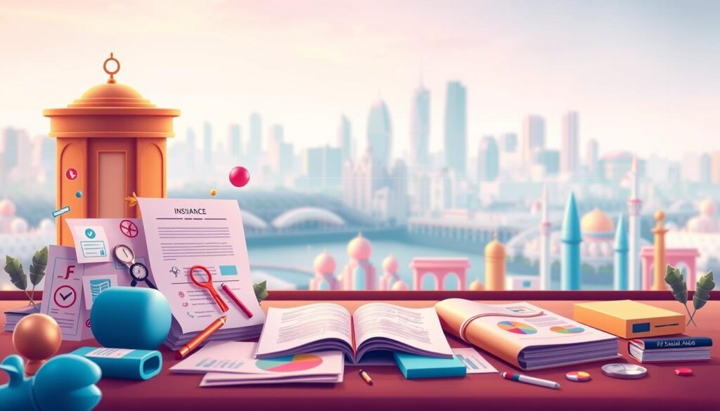 A vibrant, detailed illustration showcasing the "التغطيات الإضافية" offered by a leading life and general insurance company in Saudi Arabia. Prominent in the foreground, an assortment of insurance policy documents, icons, and graphical elements artfully arranged to convey the breadth of supplementary coverage options. In the middle ground, a refined display of various insurance products and service offerings, depicted with elegant typography and soothing color palettes. The background features a subtle, blurred cityscape, hinting at the company's local presence and expertise. The overall composition strikes a balance between informative clarity and visual sophistication, tailored to captivate the readers of the article on Saudi Arabian insurance industry.