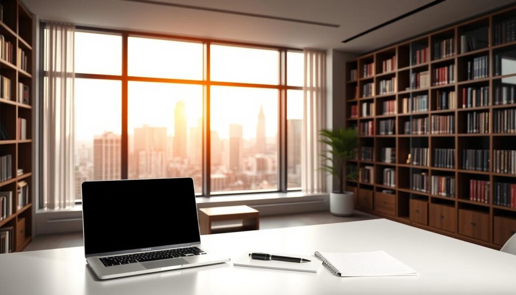 A virtual legal consultation office with a modern, minimalist design. In the foreground, a minimalist desk with a laptop, pen, and notepad. The middle ground features a large window overlooking a cityscape, with a warm, diffused natural light filling the space. The background showcases bookshelves lining the walls, reflecting the expertise and knowledge available. The overall atmosphere conveys a sense of professionalism, accessibility, and efficiency, highlighting the benefits of remote legal consultations.