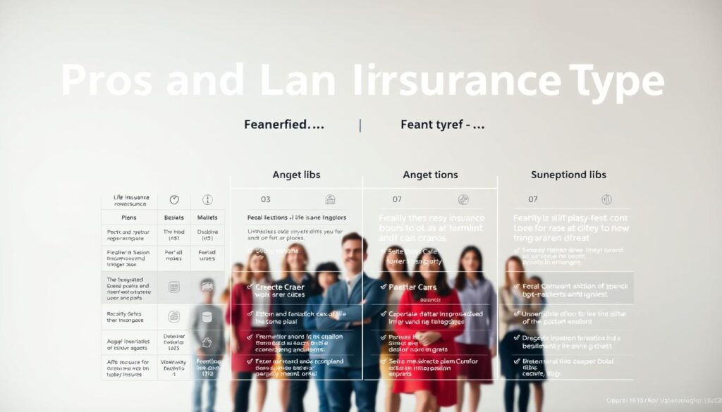 A visually arresting comparison of life insurance plans, showcasing their unique features and benefits in a harmonious, informative layout. The foreground depicts a detailed infographic displaying key plan attributes side-by-side, meticulously crafted with clean typography and intuitive icons. The middle ground features a diverse group of individuals, each representing a different demographic, thoughtfully positioned to embody the plans' target audiences. The background subtly blends soft, muted tones with delicate graphical elements, creating a cohesive, visually striking composition that captures the essence of the "Pros and Cons of Each Insurance Type" section. Masterfully balanced lighting and a slightly elevated camera angle lend an air of professionalism and authority to the scene.
