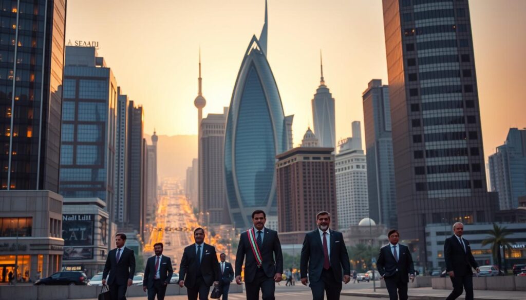 A visually captivating image showcasing the impressive skyline of Saudi Arabia's legal landscape. In the foreground, the towering facades of prestigious law firms stand tall, their architectural elegance and attention to detail reflecting the caliber of legal expertise within. The middle ground reveals a bustling city center, where lawyers in impeccable suits navigate the streets, exuding an aura of professionalism and confidence. In the background, the iconic landmarks of Saudi Arabia's major cities loom, providing a picturesque backdrop that celebrates the country's rich cultural heritage. The lighting is warm and inviting, casting a soft glow over the scene and creating a sense of sophistication and refinement. The overall composition conveys the seamless integration of Saudi Arabia's legal prowess within the broader economic and cultural landscape, showcasing the nation's commitment to excellence in the legal field.