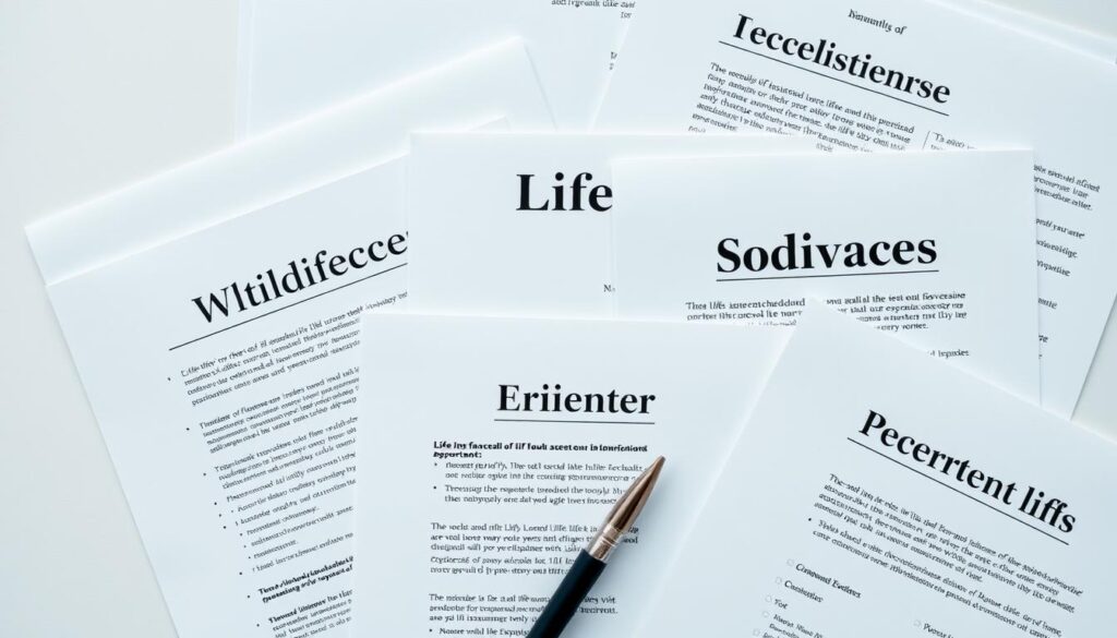 A visually striking and thematically-relevant image of various life insurance policy documents. Showcase a clean, organized layout with distinctive policy types neatly arranged, such as term life, whole life, and universal life. Use a crisp, professional aesthetic with muted colors and subtle shadows to convey a sense of authority and reliability. Capture the diversity of policy options through thoughtful placement and grouping of the documents. The overall composition should feel balanced and well-structured, reflecting the comprehensive nature of life insurance coverage. Lighting should be soft and even, highlighting the textural details of the documents while maintaining a sense of clarity and legibility.