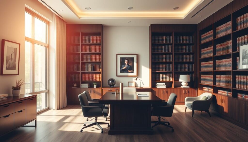 A warm, inviting scene of a modern, minimalist law office interior. Soft, diffused natural light filters through large windows, casting a serene glow over the space. An elegant wooden desk and comfortable chairs occupy the foreground, exuding a sense of professionalism and expertise. In the background, floor-to-ceiling bookshelves filled with legal volumes add an air of authority. The walls are adorned with tasteful artwork, creating a sophisticated and trustworthy atmosphere. The overall mood conveys a welcoming environment where clients can confidently seek free online legal consultations.