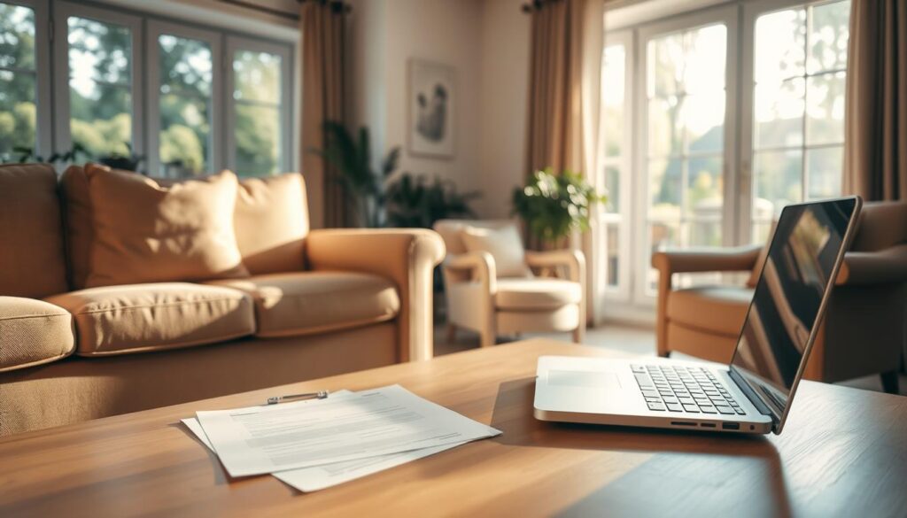 A warm, welcoming home interior with a comfortable sofa and armchair. On the coffee table, a stack of legal documents and an open laptop, symbolizing the consultation process. The room is bathed in soft, natural lighting, creating a calm and contemplative atmosphere. In the background, a large window overlooking a peaceful garden, suggesting a sanctuary away from the stresses of the situation. The overall scene conveys a sense of support, guidance, and the possibility of a new beginning.