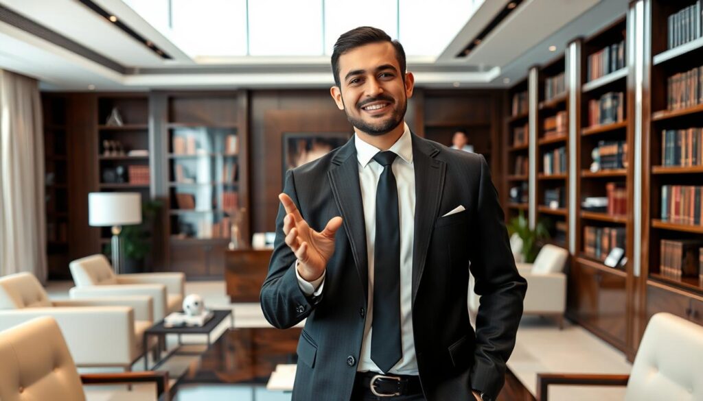 A well-dressed commercial lawyer standing confidently in his office in Riyadh, Saudi Arabia. The lawyer's expression conveys professionalism and expertise, with a warm, approachable demeanor. The office is spacious and elegantly furnished, with large windows allowing natural light to flood the space. Bookshelf-lined walls and a clean, organized desk create an atmosphere of authority and diligence. The lawyer gestures subtly, ready to guide a client through the intricacies of commercial law and assist in establishing their business venture. The scene exudes an air of trust, competence, and the lawyer's ability to navigate the complexities of the local commercial landscape.