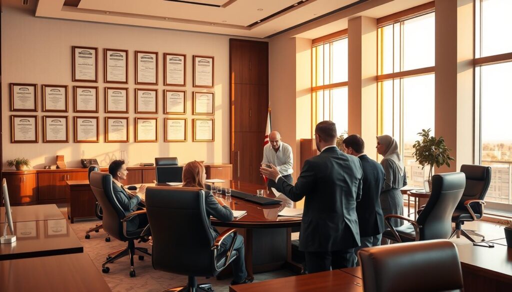 A well-lit corporate office interior in Jeddah, Saudi Arabia. Elegant mahogany desks and ergonomic leather chairs, with a large conference table at the center. Framed law diplomas and certificates adorn the walls, conveying an atmosphere of professionalism and expertise. Warm lighting from floor-to-ceiling windows illuminates the space, casting a golden glow. In the foreground, a group of businesspeople are engaged in a lively discussion, gesturing towards documents and digital screens, reflecting the consultative nature of the service. The overall scene exudes an aura of authority, trust, and the ability to navigate complex legal matters with confidence.