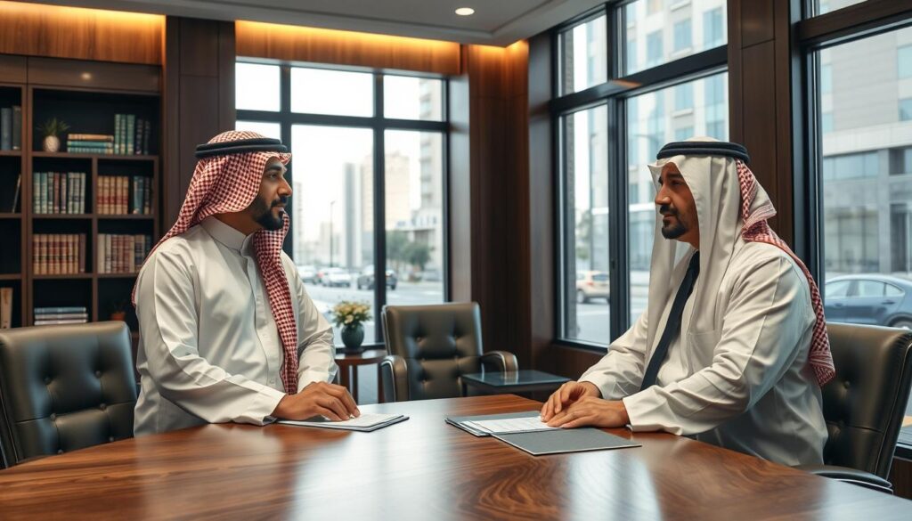 A well-lit, modern law office interior with a large window overlooking the bustling streets of Jeddah. The room is elegantly furnished with dark wood accents, plush leather chairs, and a large oak conference table. Two Saudi Arabian lawyers in formal business attire are engaged in a serious discussion, their expressions conveying a deep understanding of the complexities of the Saudi legal system. The lighting is warm and inviting, creating a professional yet approachable atmosphere. The attention to detail and the palpable expertise of the lawyers suggest a reliable and trustworthy legal consultancy service.