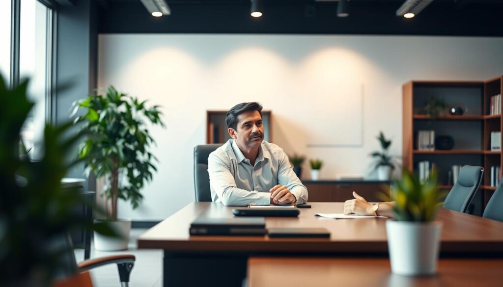 A well-lit modern office interior with a large desk, a comfortable chair, and a potted plant. In the foreground, a person sits at the desk, engaged in a serious discussion with a client across the desk. The person's expression conveys professionalism and expertise. The background is slightly blurred, with a bookshelf and a window providing a sense of depth and context. The overall atmosphere is one of trust, competence, and the provision of high-quality legal advice.