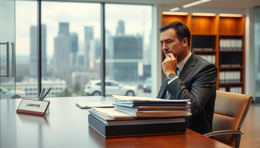 A well-lit modern office setting, with a large desk in the foreground featuring a nameplate, pen holder, and a stack of files. In the middle ground, a professional-looking man in a suit is seated, engaged in deep thought, his hand on his chin. The background shows a wall of bookshelves and a large window overlooking a bustling city skyline. The overall atmosphere conveys a sense of expertise, authority, and attention to detail, reflecting the importance of carefully selecting the right lawyer.