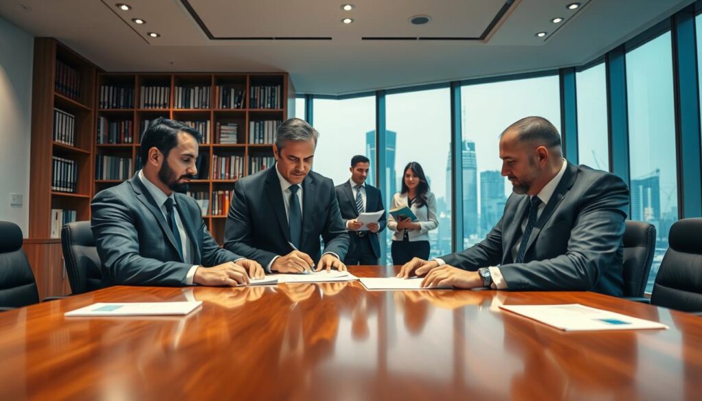 A well-lit office interior with a team of specialized lawyers in Jeddah, Saudi Arabia. In the foreground, two attorneys in formal suits confer over documents on a polished wooden desk. Behind them, a large bookshelf lines the back wall, exuding an air of authority and expertise. The lighting is warm and professional, accentuating the serious yet approachable atmosphere. In the middle ground, a group of associates discuss case files, their expressions focused and determined. The background features floor-to-ceiling windows overlooking the vibrant cityscape of Jeddah, conveying a sense of the lawyers' deep understanding of the local legal landscape. An elegant and sophisticated scene that embodies the specialized expertise of Jeddah's legal professionals.