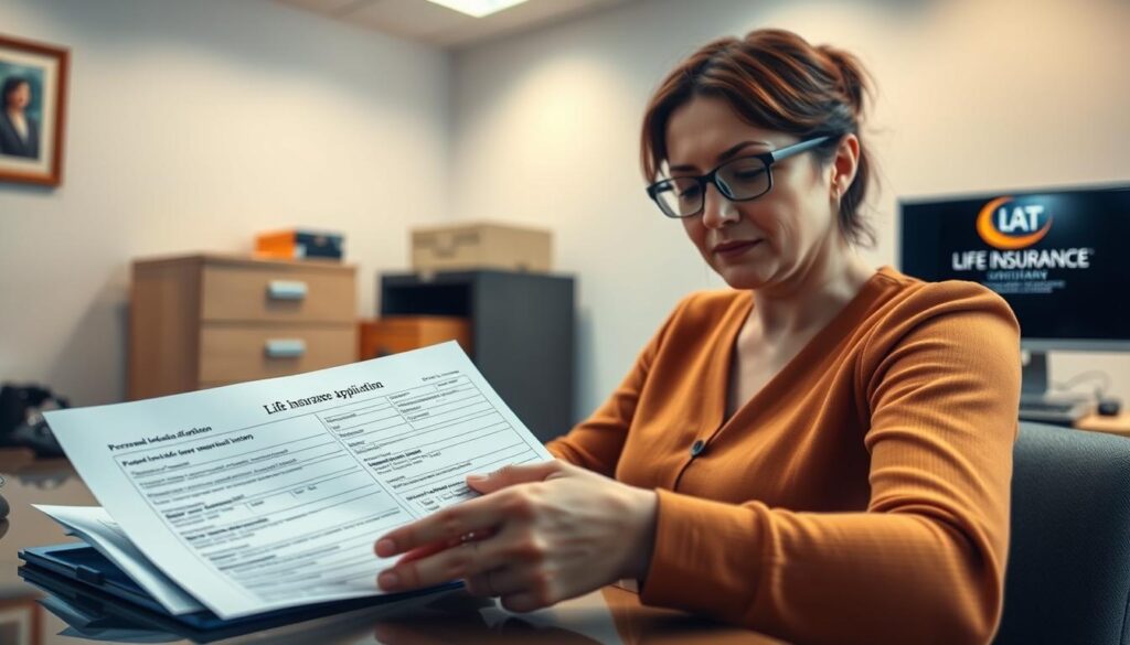 A well-lit office setting with a person sitting at a desk, carefully filling out a life insurance application form. The form has sections for personal information, medical history, and beneficiary details. In the background, a filing cabinet and a computer monitor display the life insurance company's logo, suggesting a professional, trustworthy environment. The person's expression conveys a sense of focus and diligence as they navigate the application process. Warm, ambient lighting and a clean, organized workspace create a calm, reassuring atmosphere, reflecting the gravity and importance of this financial decision.