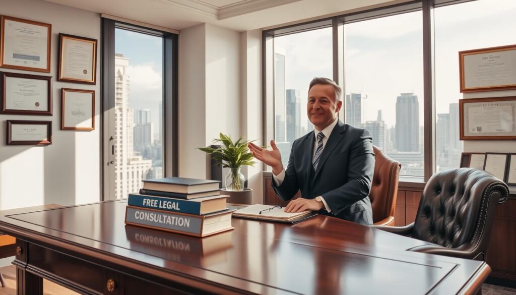 An airy, sun-dappled office space with an elegant wooden desk and plush leather chair. On the desk, a stack of law books, a nameplate reading "FREE LEGAL CONSULTATION", and a thoughtful-looking man in a suit, gesturing in a warm, welcoming manner. The walls are adorned with certificates and framed legal documents, conveying a sense of authority and expertise. Through the large windows, a cityscape of modern high-rises is visible, suggesting a thriving urban legal practice. The overall atmosphere radiates professionalism, trust, and a willingness to provide valuable, no-cost guidance to those in need.