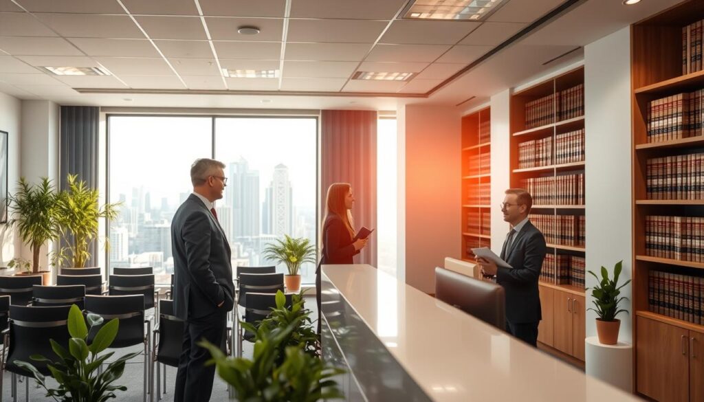 An efficient, well-lit office space with a modern, professional atmosphere. In the foreground, a businessman in a suit stands at a reception desk, engaging in a focused discussion with a client. Behind them, rows of chairs and potted plants create a welcoming environment. The middle ground features a large window overlooking a bustling city skyline, casting a warm, natural light over the scene. The background showcases bookshelves filled with legal tomes, conveying the expertise and authority of the law firm. The overall impression is one of competence, trust, and effective communication between the legal professionals and their clients.