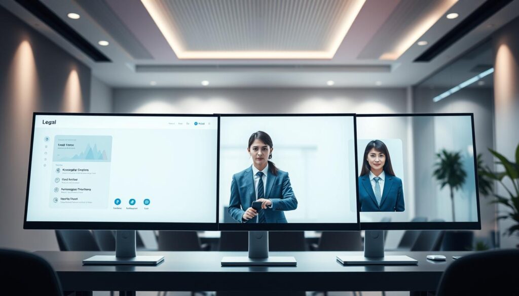 An elegant and modern legal consultation platform featuring sleek computer monitors, professional avatars, and a serene, well-lit office environment. The foreground showcases a minimalist user interface with intuitive navigation options. In the middle ground, knowledgeable legal experts are displayed in high-resolution, conveying a sense of expertise and trustworthiness. The background depicts a sophisticated, high-tech setting with subtle branding elements, creating an atmosphere of secure, reliable legal services. Soft, directional lighting illuminates the scene, evoking a sense of professionalism and transparency. The overall composition strikes a balance between technology, service, and user-friendliness, reflecting the core values of modern legal consultation platforms.