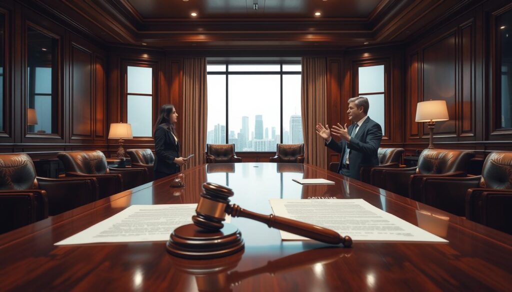 An elegant conference room with polished wood furniture and subdued lighting. In the foreground, two individuals in professional attire are engaged in a formal discussion, gesturing with purpose. The middle ground depicts a series of legal documents and a gavel, symbolizing the arbitration process. The background features a window overlooking a cityscape, suggesting the broader legal landscape. The overall atmosphere conveys a sense of thoughtful deliberation and a focus on finding a resolution through an alternative dispute resolution method.