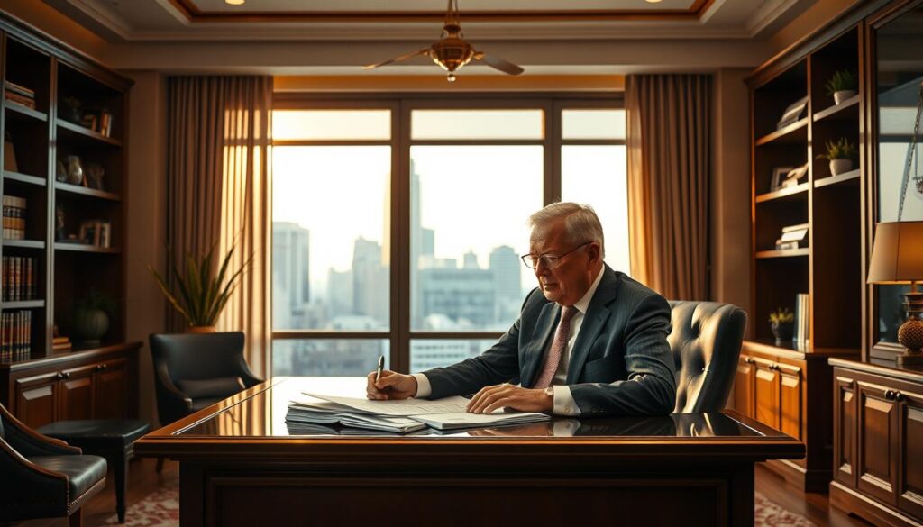 An elegant office interior with a desk, shelves, and accents in a neutral color palette. A senior lawyer in a suit sits at the desk, intently reviewing legal documents. The lighting is warm and focused, creating a professional and authoritative atmosphere. The background features a large window overlooking a cityscape, suggesting the lawyer's expertise and influence. The overall scene conveys a sense of expertise, diligence, and the gravity of the legal proceedings related to labor law and worker compensation.