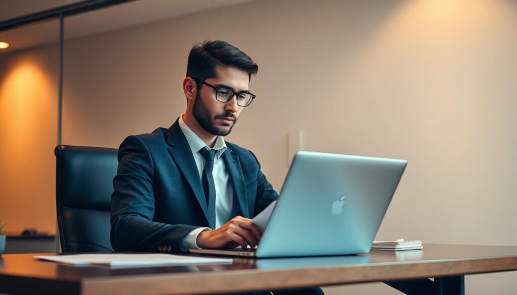 An online legal consultant sitting at a desk, dressed in a professional suit, intently reviewing digital documents on a laptop computer. The office environment is modern and minimalist, with clean lines and muted tones. Warm, indirect lighting casts a soft glow, creating a sense of professionalism and expertise. The consultant's expression is focused and attentive, conveying a willingness to provide thorough, personalized legal guidance to the viewer. The overall scene exudes an air of trustworthiness and digital accessibility, reflecting the concept of accessible online legal counsel.