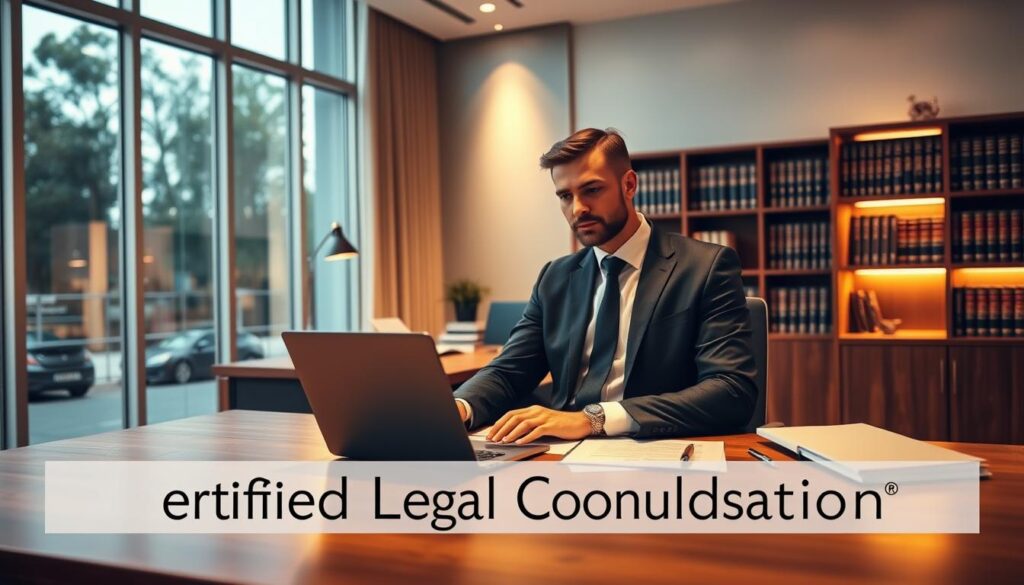 Detailed legal consultation service with a professional touch. An airy, modern office setting with floor-to-ceiling windows, a sleek wooden desk, and a bookshelf full of legal tomes. A well-dressed attorney sits at the desk, papers and a laptop in front of them, conveying a sense of expertise and authority. Warm, indirect lighting casts a subtle glow, creating a welcoming and trustworthy atmosphere. The overall composition emphasizes the professionalism, knowledge, and care offered by this certified legal consultation service.