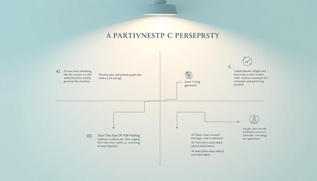 Detailed schematic illustration of the key points to consider when drafting a partnership agreement. Elegant, minimalist style with clean lines and geometric shapes. Soft, muted color palette of blues, grays, and greens. Precise technical diagrams depicting the core contractual elements, accompanied by concise iconography. Carefully balanced composition emphasizing simplicity and clarity. Warm lighting from an overhead directional source, casting subtle shadows. High-quality, technical rendering with a professional, corporate aesthetic suitable for a business-focused article.