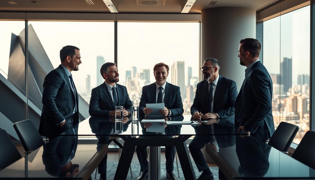 Dramatic office scene with three business partners discussing a successful joint venture. The partners, dressed in professional attire, are engaged in a lively conversation around a modern conference table, bathed in warm, directional lighting. The background features abstract architectural elements and a city skyline visible through large windows, conveying a sense of scale and prosperity. The overall atmosphere is one of collaboration, trust, and achievement, reflecting the success of their partnership.