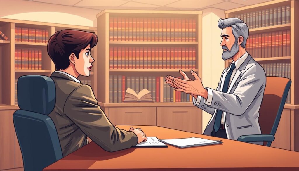 a detailed illustration of a free legal consultation session, featuring a person sitting across a desk from a lawyer, in a professional law office setting. The person appears concerned and the lawyer is gesturing while explaining something. The office has modern decor with shelves of law books in the background. Warm lighting and neutral colors create a calming, trustworthy atmosphere. The composition is balanced and the focus is on the consultation, conveying the notion of obtaining free legal advice to address common problems.