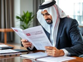 رجل أعمال عربي يراجع نموذج cv بالعربي على مكتبه