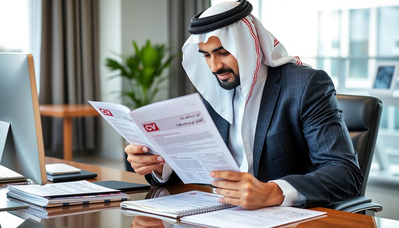 رجل أعمال عربي يراجع نموذج cv بالعربي على مكتبه