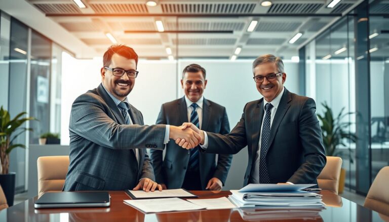 رجل أعمال يوقع على عقد تأمين لعقد بيع مع ممثل شركة تأمين