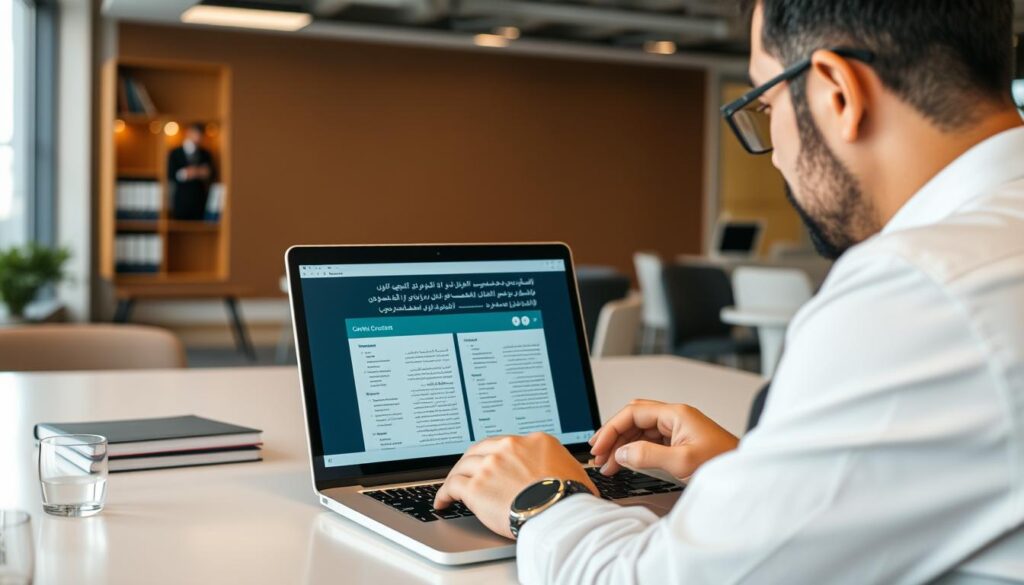 محامي يستخدم برنامج إعداد عقود قانونية على جهاز كمبيوتر محمول