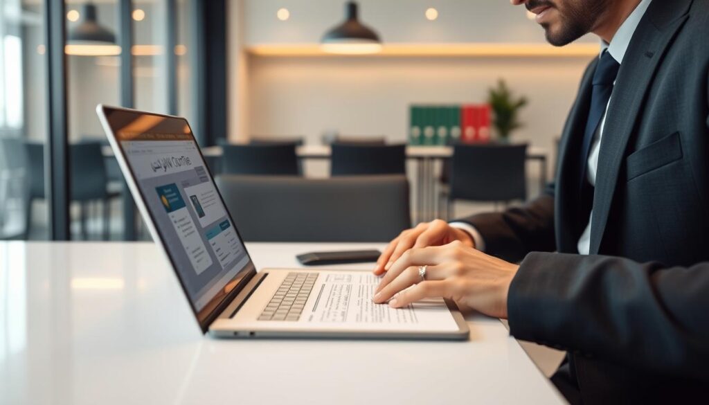 محامي يستخدم برنامج لصياغة العقود تلقائيًا على جهاز كمبيوتر محمول