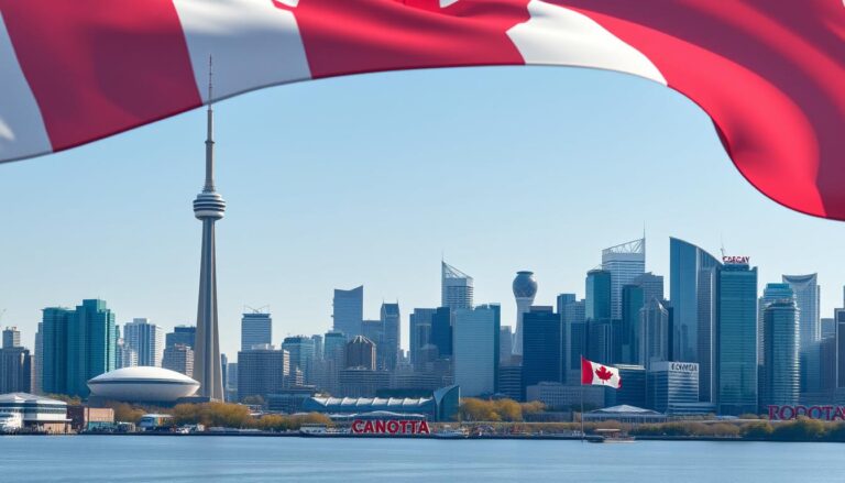 مدينة تورنتو الكندية مع برج CN الشهير ومباني حديثة تعكس فرص العمل المتاحة في كندا