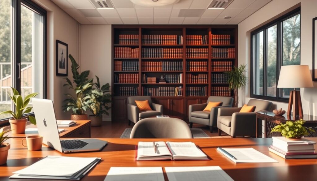 A cozy, modern law office interior, with a warm, inviting atmosphere. A well-appointed desk in the foreground, with a laptop, legal documents, and a potted plant. A mid-ground featuring bookshelves filled with law volumes, and a comfortable client seating area with plush chairs. The background showcases large windows, allowing natural light to flood the space, creating a sense of openness and professionalism. The overall scene conveys a sense of expertise, accessibility, and a willingness to provide free legal consultations to those in need.
