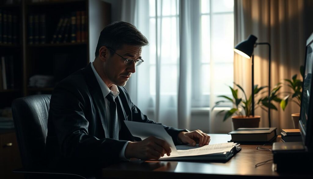 A dimly lit home office setting with a pensive lawyer sitting at a desk, engrossed in documents related to a divorce case. Soft lighting illuminates the desk, casting subtle shadows that convey a contemplative atmosphere. The lawyer's expression is one of deep focus, hinting at the gravity of the legal matters at hand. In the background, a bookshelf filled with legal tomes and a potted plant add depth and a sense of professionalism to the scene. The overall mood is one of thoughtful consideration, reflecting the sensitive nature of the "استشارة محامي طلاق مجاني" topic.