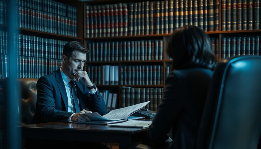 A dimly lit legal office, shelves of law books lining the walls. In the foreground, a lawyer sits at a desk, deep in thought, reviewing documents related to family law cases. A client sits across from them, brow furrowed, discussing the legal challenges they face regarding personal status matters. The room has a serious, contemplative atmosphere, with soft lighting casting shadows on the faces of the occupants. The overall scene conveys the complexity and gravity of the legal issues involved in personal status cases.