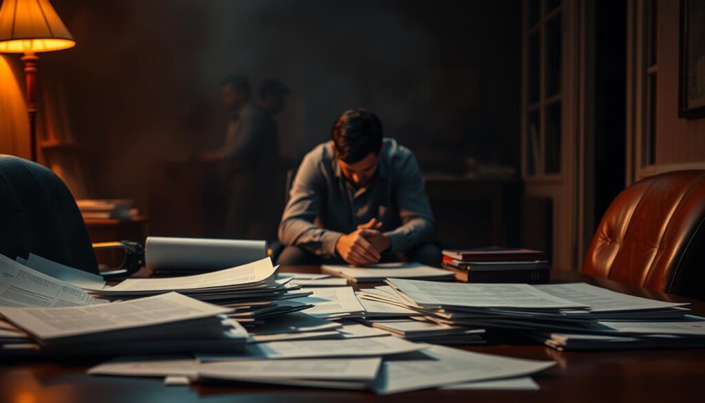 A dimly lit office interior, with a desk and chair in the foreground. On the desk, legal documents and files are strewn about, representing the complex challenges facing workers. In the middle ground, a worker sits hunched over, brow furrowed, symbolizing the stress and uncertainty they face. The background is hazy, with shadows and half-obscured figures, suggesting the opaque nature of labor laws and regulations. The lighting is dramatic, with warm hues creating a sense of unease and tension. The overall atmosphere is one of administrative complexity and the burden placed on individual workers.