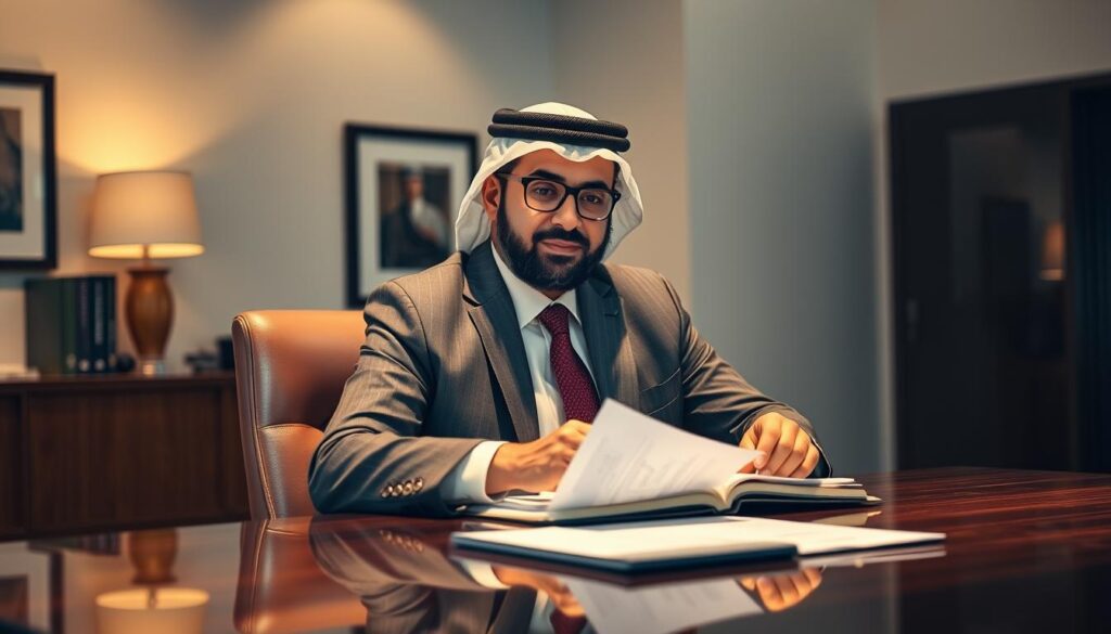 A distinguished, Arabic-speaking lawyer in a tailored suit, sitting at a polished wooden desk in a modern, well-lit office. Warm, directional lighting illuminates his thoughtful expression as he reviews documents, conveying expertise and professionalism. The office has minimalist decor, with clean lines and neutral tones, creating a calm, authoritative atmosphere. The lawyer's pose and demeanor suggest a trusted, reliable legal advisor who can navigate the complexities of the Saudi legal system.