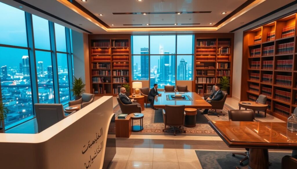 A law office interior in Jeddah, Saudi Arabia. The foreground showcases a sleek, modern reception desk with subtle Arabic calligraphy details. Behind it, a team of professional lawyers in formal attire consult with clients in cozy conversation areas. The middle ground features a vast library of legal tomes and an imposing, ornate conference table. The background depicts large windows overlooking the vibrant city skyline, bathed in warm, golden lighting. The overall atmosphere conveys a sense of authoritative expertise, attention to tradition, and a commitment to providing exceptional legal services.