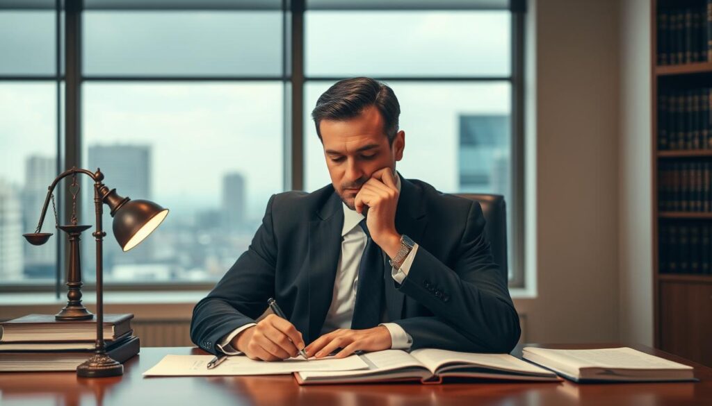 A law office interior with a lawyer seated at a desk, engaged in deep thought. The lighting is soft and warm, creating a contemplative atmosphere. The lawyer appears professional, dressed in a suit, and surrounded by law books and documents. The background features a window overlooking a cityscape, hinting at the broader context and scope of the lawyer's work. The composition emphasizes the lawyer's focus and diligence, conveying the sense of a thorough evaluation of a case.