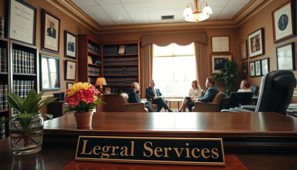 A law office interior with a warm, inviting ambiance. In the foreground, a professional-looking desk with a nameplate "Legal Services" and a pot of fresh flowers. Behind it, a large bookshelf filled with legal tomes. The walls are adorned with framed certificates and accolades. In the middle ground, a group of clients seated comfortably, engaged in discussion with a well-dressed attorney. Natural light streams through large windows, casting a soft glow throughout the space. The overall impression is one of expertise, trustworthiness, and a dedication to providing quality legal counsel.