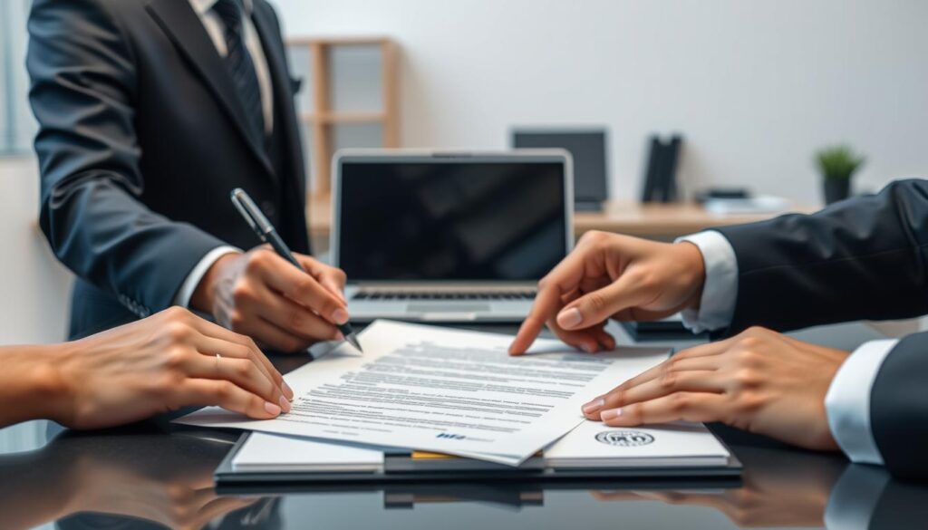 A meticulously crafted business contract being signed against a backdrop of a modern, professional office setting. The foreground features the hands of two individuals finalizing the deal, with subtle lighting highlighting the details of the contract. The middle ground showcases a neatly organized desk, complete with a laptop, pen, and other professional accoutrements. The background depicts a sleek, minimalist office environment with clean lines, neutral colors, and a sense of efficiency and formality. The overall scene conveys a mood of serious, high-stakes commercial negotiations conducted with professionalism and attention to detail.