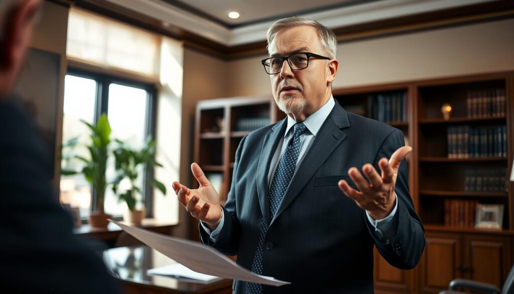 A middle-aged man in a dark suit, tie, and glasses, standing confidently in a well-lit office, gesturing with his hands as he explains legal documents to a client. The room is tastefully decorated with bookshelves, a large desk, and a potted plant, creating a professional and authoritative atmosphere. The lighting is warm and directional, casting shadows that accentuate the subject's features and convey a sense of expertise and focus. The angle is slightly low, looking up at the lawyer, emphasizing his authority and command of the situation.