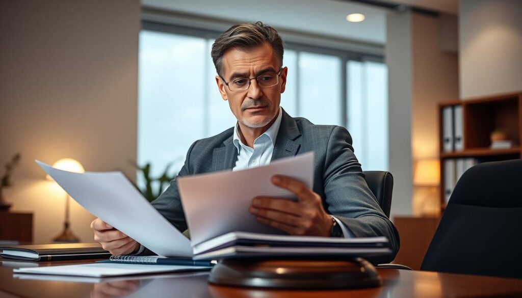 A middle-aged professional sitting at a desk, intently studying legal documents and files. The office setting is modern and well-lit, with a warm, inviting atmosphere. The person's expression conveys a thoughtful, attentive demeanor, reflecting the importance of the initial legal consultation. The composition emphasizes the central figure, with the background softly blurred to maintain focus on the subject. Subtle lighting from a window casts a gentle glow, highlighting the seriousness of the legal process. The overall scene evokes a sense of trust, expertise, and the significance of obtaining professional legal advice.