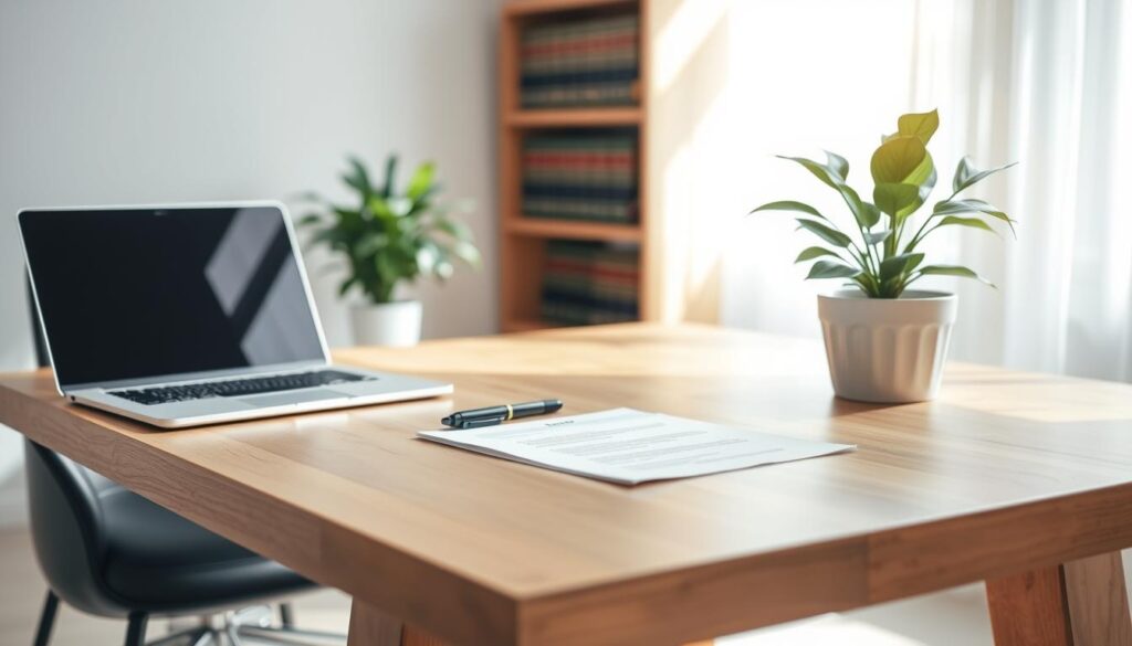 A modern and minimalist office setting, with a wooden desk, a laptop, and a potted plant. On the desk, a legal document and a pen, indicating the focus on legal consultation. The lighting is soft and natural, creating a warm and inviting atmosphere. In the background, a bookshelf with law books, suggesting a professional and knowledgeable environment. The scene conveys a sense of expertise, trustworthiness, and the importance of seeking proper legal guidance for labor-related matters.