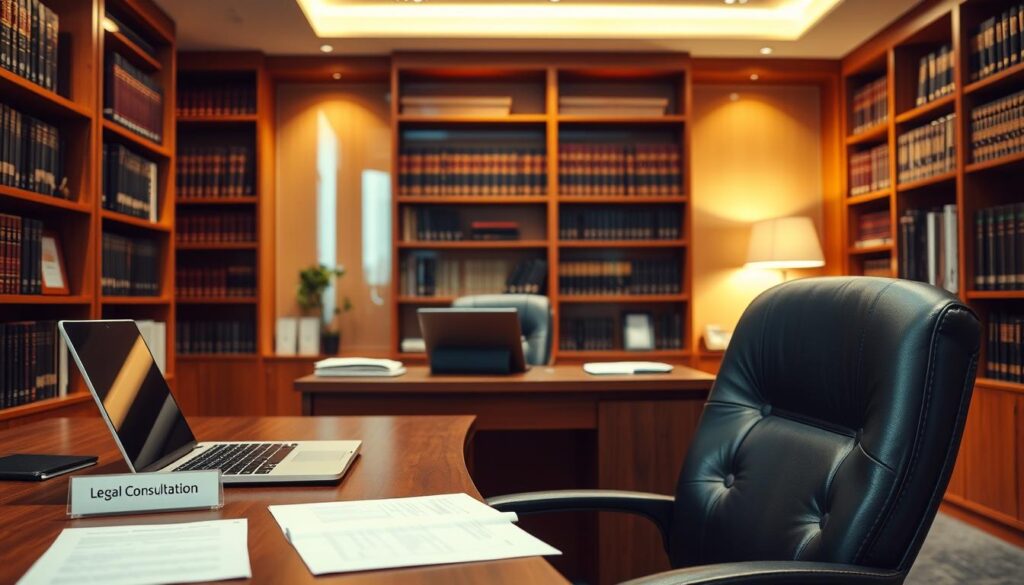 A modern law office interior with a focus on workplace rights consultation. Warm lighting illuminates a wooden desk with a laptop, documents, and a nameplate "Legal Consultation". In the background, bookshelves line the walls, conveying a sense of legal expertise. A comfortable leather chair faces the desk, inviting clients to discuss their employment concerns. The atmosphere is professional yet approachable, reflecting the importance of seeking qualified legal advice to protect worker's rights.