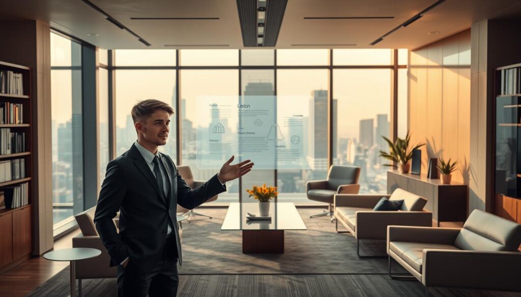 A modern law office interior with a warm, inviting atmosphere. In the foreground, a young professional in a suit is gesturing towards a holographic display showcasing legal information. The middle ground features sleek, minimalist furniture and décor, creating a sense of technological sophistication. The background depicts floor-to-ceiling windows, allowing natural light to flood the space and giving a panoramic view of a bustling city skyline. The overall scene conveys the ease and accessibility of obtaining free legal advice in the digital age.