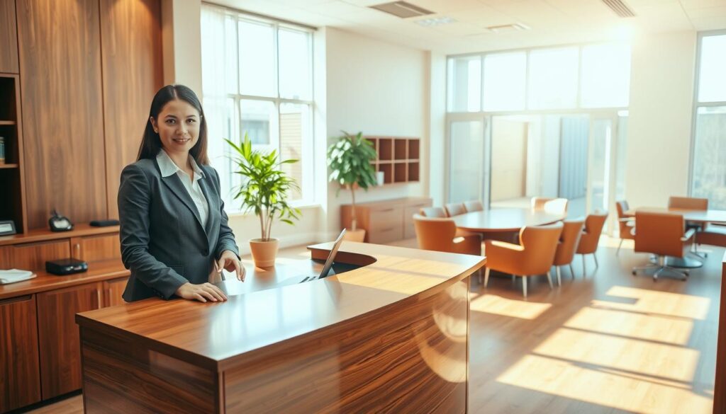 A modern law office interior with a warm, inviting atmosphere. Sunlight streams through large windows, illuminating the space and casting a soft glow on the polished wood furniture. In the foreground, a receptionist's desk is positioned prominently, with a professional-looking woman greeting visitors. Behind her, a spacious waiting area features comfortable leather chairs and a potted plant, creating a sense of tranquility. The middle ground showcases a conference room with a long table and chairs, where clients and lawyers can discuss legal matters. The background reveals a row of private offices, their doors slightly ajar, hinting at the ongoing work within. The overall scene conveys a sense of expertise, accessibility, and a commitment to providing high-quality legal services to the community.