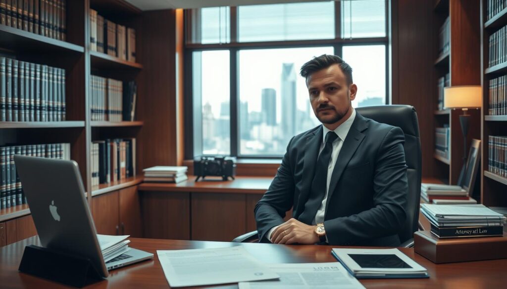 A modern law office interior with a wooden desk, bookshelves, and a large window overlooking a cityscape. On the desk, a stack of documents, a laptop, and a nameplate that reads "Attorney at Law". A well-dressed professional, likely the lawyer, is seated at the desk, deep in thought, with a contemplative expression. The lighting is soft and warm, creating a sense of expertise and professionalism. The scene conveys the expertise and experience of the lawyer, reflecting the subject of evaluating the lawyer's qualifications.