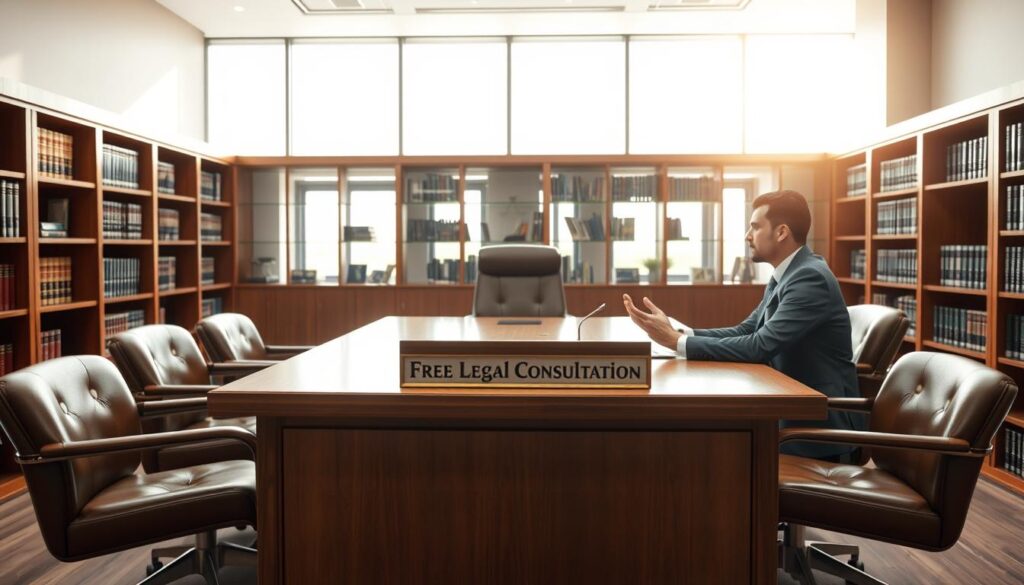 A modern law office interior with a wooden desk, leather chairs, and bookshelves lining the walls. The room is bathed in warm, natural lighting filtering through large windows. On the desk, a nameplate reads "Free Legal Consultation" in Arabic. A person in a suit sits across from the desk, gesturing while in conversation with another person. The atmosphere conveys professionalism, trust, and a welcoming environment for legal guidance.