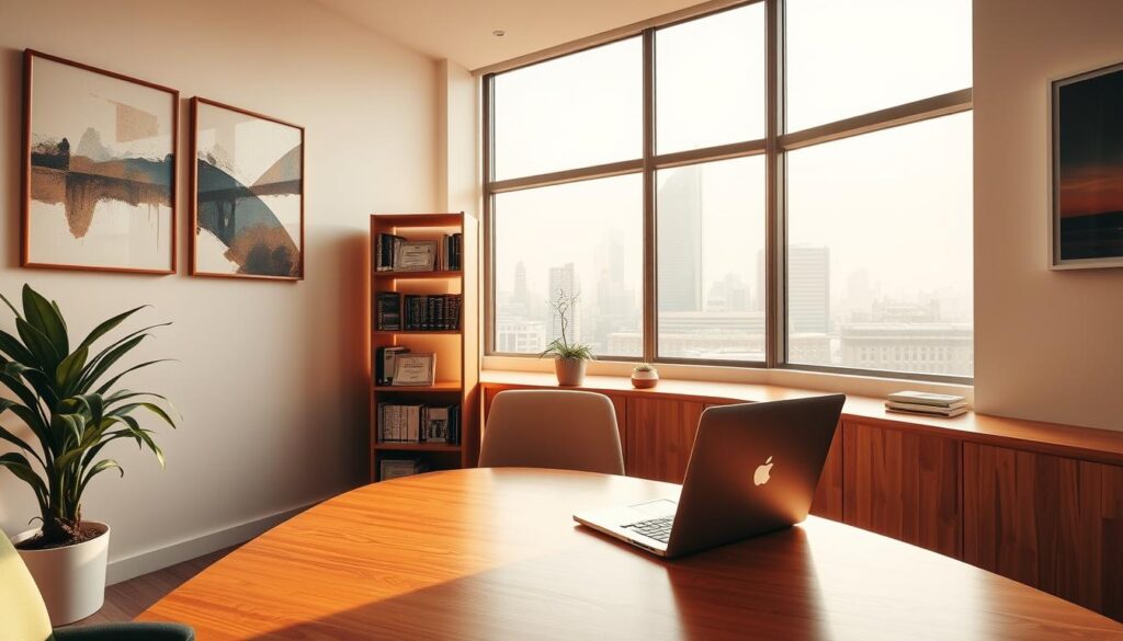 A modern law office interior with warm lighting and minimalist design. A large window overlooking a city skyline provides ample natural light. In the foreground, a warm wooden desk with a simple laptop and a potted plant. Behind it, a bookshelf with carefully arranged law books and framed legal certifications. The walls are adorned with abstract artwork in muted tones, creating a calming and professional atmosphere. The room conveys a sense of expertise, approachability, and a commitment to providing free legal consultations to the community.